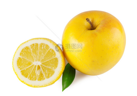 新鲜的明亮半柠檬和苹果白底孤立于水平的图片