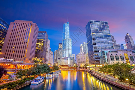 夜晚旅行户外美国伊利诺州下市芝加哥天线城风景图片
