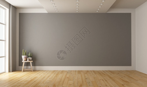 镶木地板空的最小房间背景上有灰墙木凳装有植物3D为空的最小房间背景上有灰墙木头居住图片