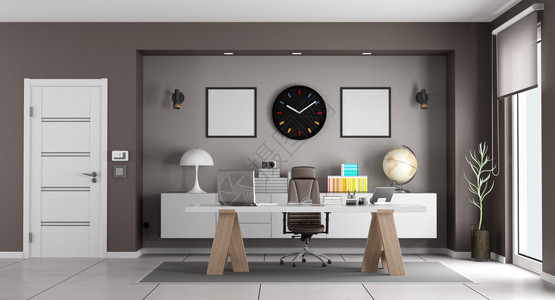 内部的白色和棕现代办公室白色和棕现代办公室带桌椅3d渲染极简主义者房间图片