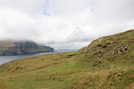 法罗群岛的典型风景绿草和石块北阿尔滕堡多岩石的图片