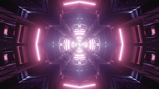 Kaleidoscospic3D显示对称十字形隧道用生动紫色灯具照亮了3D显示带亮光的十字形隧道叉插图抽象的图片
