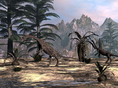 爬虫草食动物古艺术在沙漠里吃着两只有子和树的Anchisaurus恐龙3D化作Anchizarons3D化作图片