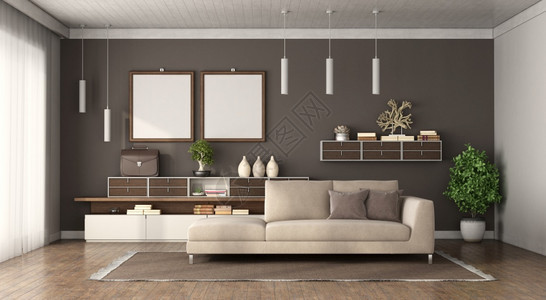 现代客厅背面有棕墙沙发和侧边板3D为现代客厅背面有沙发和侧边板小样框架渲染图片
