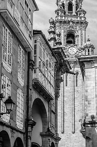 宗教建筑圣地亚哥德孔波斯特拉大教堂西班牙朝圣之地黑白形象标结石旅游的图片