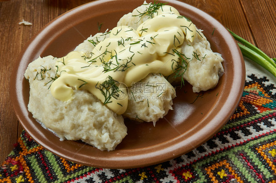 Ceplinai装满土豆的包子立陶宛烹饪波罗的海传统菜类顶视饺子什锦的食物图片