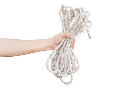 棉布粗糙的在白色背景上孤立的手握绳索带有剪切路径的对象细绳图片