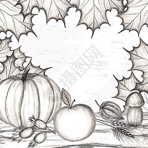 水果为了秋天快乐的概念和收获的假期手绘树叶子是枫橡木南瓜苹果蘑菇狗玫瑰fizalis橡子小麦的地方文本快乐秋天的概念和收获的假期图片
