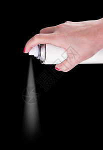 女白色喷雾可隔离在妇女手上的黑色背景气溶胶喷射罐金属瓶涂料现实照片图像上画白色的图片