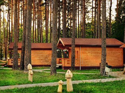 家晚上在森林里两个木屋房子夏天图片