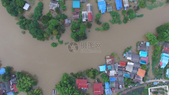 热带泰国Ayutthaya省洪水的空中景象消息重的图片