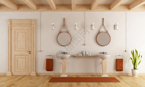 使用洗手盆木环门和屋顶梁的古老洗手间3D层自在家具白色的图片