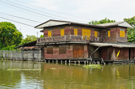 黄色的传统木头沿运河老泰国木屋图片