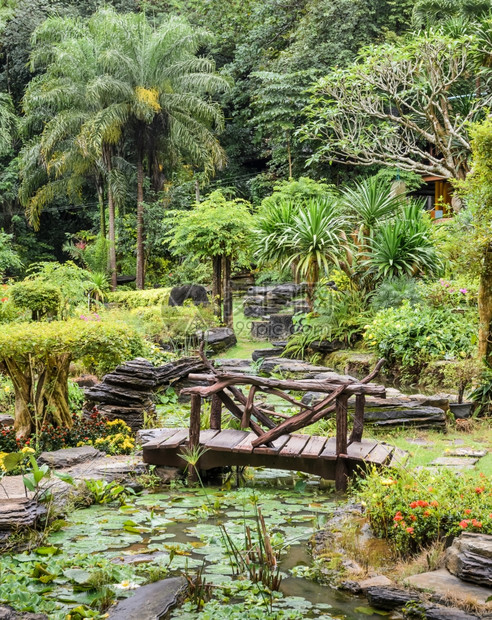 自然圆形花园在池塘上架桥花的走道图片