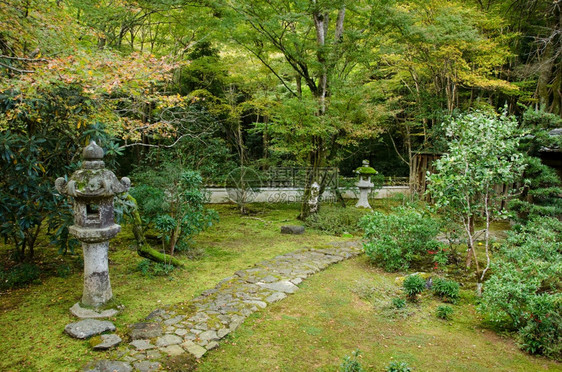 绿色公园日本花配有灯笼和石质通道的日本花园树图片