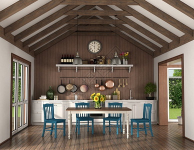 家具硬木地面餐桌和椅子放在一个有木制屋顶图棍3D的房间里用餐桌和椅子装在一间木制房里用餐桌把旧厨房配上一张餐桌图片