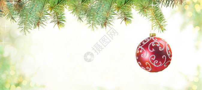 庆典散焦圣诞灯背景下绿色圣诞树上带有装饰品的红球背景复制合唱团图片
