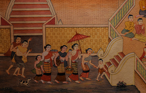 过去在泰国清莱寺庙墙上生活着的Lanna人泰壁画男艺术文学图片