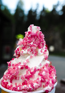 夏天贝图姆关闭软餐服冰淇淋在户外新鲜粉红飞碟水果图片