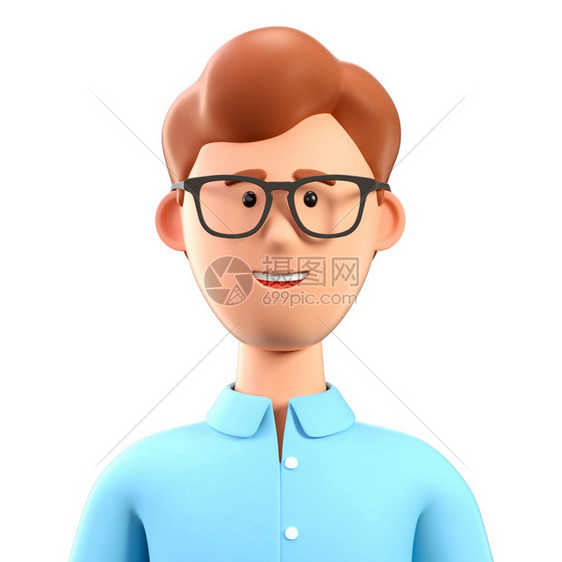 移动的展示屏幕穿着蓝衬衫3D插图的笑脸男人近距离肖像其中描绘白色背景上孤立的卡通商人可爱角色照片来自Twitter网站图片