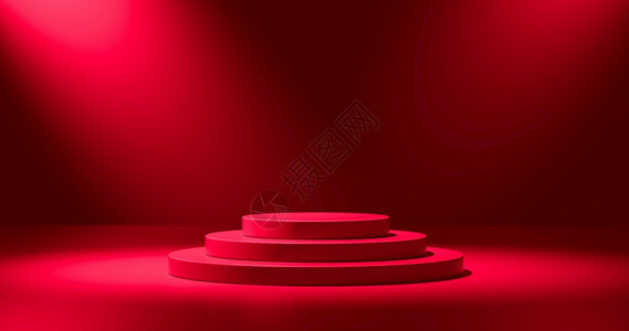满的位于演播室3D底层的彩色圆形展场背景红色梯度顶部发光点为底色红梯度地面底座背景图片