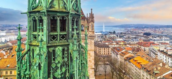 日内瓦与瑞士城市景色日内瓦湖的落一线城市天际老的地标欧洲图片
