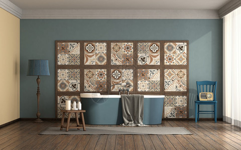 洗手间蓝色浴缸在旧瓷砖面板前3D将蓝色浴缸配上像样的室装饰风格渲染内部的图片