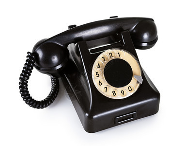 对话连接收者白色背景带旋转拨号的老旧黑色电话图片