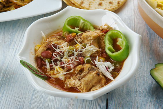 一顿饭慢速烹饪机TexMex鸡粉TexMex美食传统各种菜盘顶视图肉墨西哥人图片