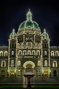 地标灯泡维多利亚不列颠哥伦比省议会大厦的主要入口和圆顶夜间照亮灯光明概述了该大楼的形状单位千美元拉根图片