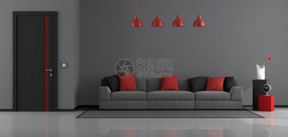 灰色黑和红现代客厅配有沙发和封闭门3D制成灰色黑和红现代客厅水平的渲染地毯图片