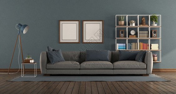 蓝色的客厅有现代沙发和背景书架3D为蓝室有现代沙发和书架的地毯图片