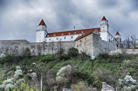 城市俯瞰布拉迪斯发的古老城堡或者说长坐落在一座陡峭的山坡上俯视旧城这是斯洛伐克的一个历史里程碑水平的图片