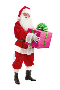 帽子庆典正式的圣诞老人在白色背景上手握着圣诞礼物的手图片
