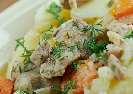洋葱Pichelsteiner德国炖菜含有几种肉类和蔬菜通常都是土豆胡萝卜和面食种类根图片
