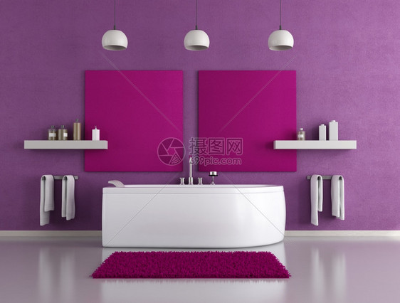 极简主义者现代紫色浴室和白缸干净的优雅图片