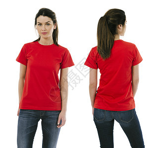 红色的照片中一位美丽的黑发女人穿着白色的红T恤准备上你的艺术品或设计为了衣服图片