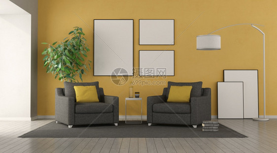 现代客厅的黑色椅子背面有黄色墙3D制成在现代客厅的黑色椅子家具地面房间图片