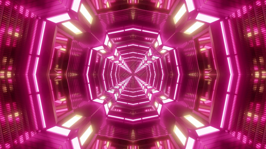 Kaleidoscopic3D抽象十字形隧道图解用粉色3DD红圆形隧道的明亮电线灯照错觉水平的充满活力图片