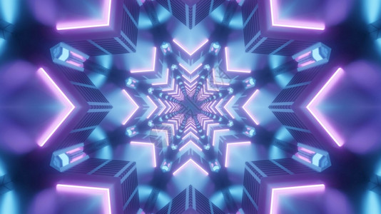 渲染几何学Kaleidoscopic3D显示亮星形隧道用蓝灯和紫照亮了3D显示月星形隧道错觉图片