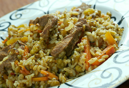 蔬菜盘子糊状物Mashkichiry乌兹别克的Mung豆大米和羊羔图片