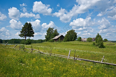 场地自然俄罗斯夏季草地木林围栏俄罗斯阿尔汉格克地区木制的图片