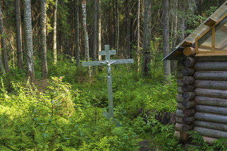 俄罗斯Ivanovo地区Pestiakovsky区Lukanino村附近一个夏季日圣尼古拉斯泉或卢卡宁基坑洞的圣泉字体宗教天图片