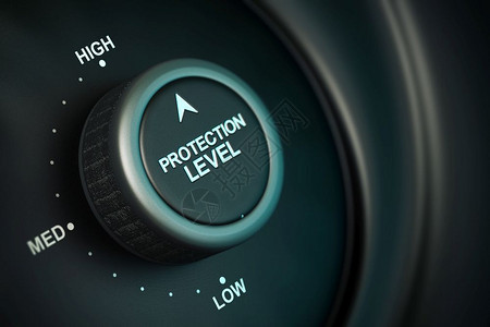 安全化技术低中高位置的保护级别按钮位于最高置黑色和蓝背景模糊效果等级保护别单位千美元安全的图片