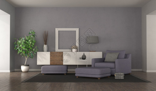 内部的现代紫色客厅背面有手椅脚凳和侧板3D制成现代紫色客厅家具地面背景图片