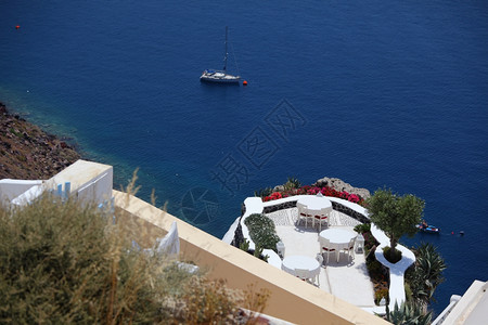 火山口蓝色的希腊圣托里尼岛塞克拉底群希腊西克拉底岛希腊西克拉底岛和希腊圣托里尼岛的环海Oia村露台餐厅建筑学图片