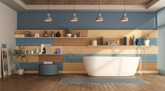 现代洗手间用浴缸和木板搭配3D制成现代木卫生间浴室架子墙图片