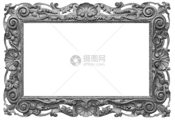 边界内部的Wooden古老的长方形银板古董空画框白底孤立镀银图片