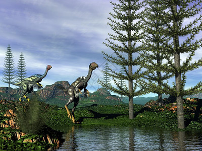 白垩纪插图甲癣Caudipteryx看着双龙恐夜间靠近树的三维转化图片