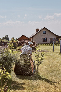 男子用骑乘式割草机修剪坪男子在房旁边的花园里养草男子用骑乘式割草机专业的园丁在职图片